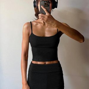 Ribbed Knit Casual Loungewear Set - Solid Color Camisole & Shorts - Comfortable Two-Piece Outfit for Relaxation and Leisure