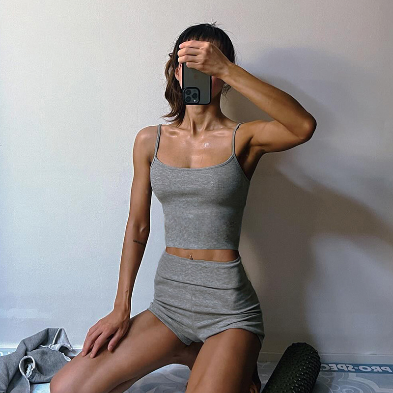 Ribbed Knit Casual Loungewear Set - Solid Color Camisole & Shorts - Comfortable Two-Piece Outfit for Relaxation and Leisure