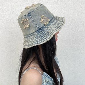 Ripped Denim Bucket Hat for Women - Casual Sunshade Fisherman's Hat, Large Head Circumference, Flattering Fit, Solid Color