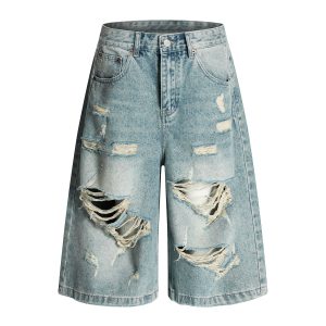Ripped Denim Shorts for Summer, Vintage High Street Style, Loose Wide-Leg Cropped Design, Perfect for Casual Outfits