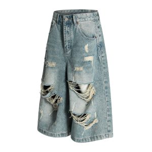 Ripped Denim Shorts for Summer, Vintage High Street Style, Loose Wide-Leg Cropped Design, Perfect for Casual Outfits