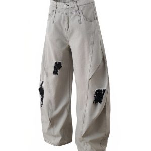 Ripped Wide-Leg Curved Knife Jeans - American Banana Style Machete Pants for a Trendy Y2K Look