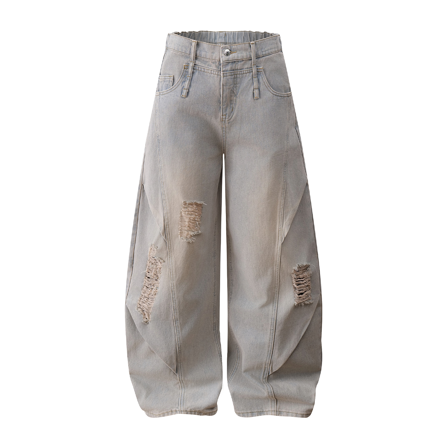 Ripped Wide-Leg Machete Pants with Curved Knife Silhouette – Trendy American Banana Style for a Cool, Edgy Look