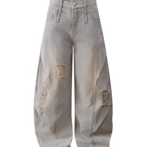 Ripped Wide-Leg Machete Pants with Curved Knife Silhouette – Trendy American Banana Style for a Cool, Edgy Look
