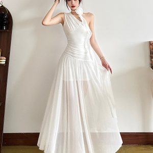 Romantic Pure White Mesh Asymmetrical Shoulder Dress with Big Skirt - Women’s French Style Waist-Defining Long Dress