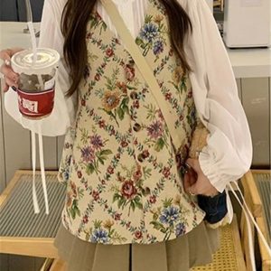 Romantic Vintage Floral Embroidered Vest Three-Piece Set, Autumn Layered Outfit with Tie-Up Shirt & A-Line Pleated Skirt