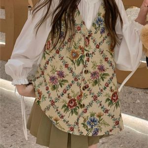 Romantic Vintage Floral Embroidered Vest Three-Piece Set, Autumn Layered Outfit with Tie-Up Shirt & A-Line Pleated Skirt
