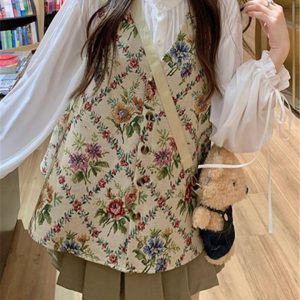 Romantic Vintage Floral Embroidered Vest Three-Piece Set, Autumn Layered Outfit with Tie-Up Shirt & A-Line Pleated Skirt