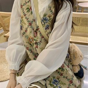 Romantic Vintage Floral Embroidered Vest Three-Piece Set, Autumn Layered Outfit with Tie-Up Shirt & A-Line Pleated Skirt