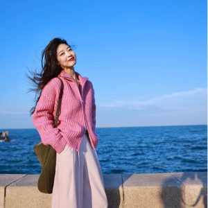 Rose Red Knitted Cardigan Sweater Coat - Autumn Winter Lazy Style Outerwear 2025, Trendy Y2K Fashion