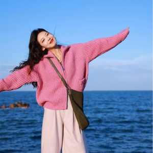Rose Red Knitted Cardigan Sweater Coat - Autumn Winter Lazy Style Outerwear 2025, Trendy Y2K Fashion