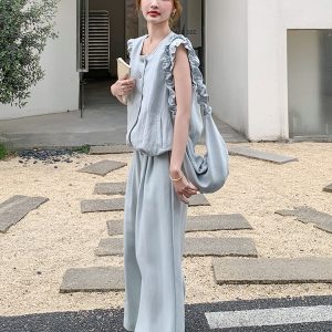 Round Neck Ruffled Edge Vest and Wide-Leg Pants Set for Women - 2025 Summer Lazy Style for Petite Figures, Two-Piece Outfit