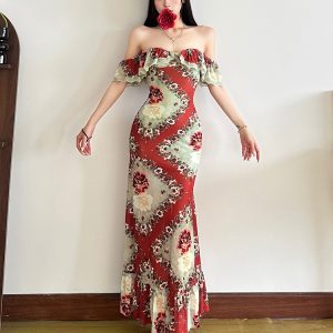 Ruffled Off-Shoulder Floral Dress for Women - Vintage Slim Fit Bodycon Style, Perfect for 90s and Y2K Inspired Fashion