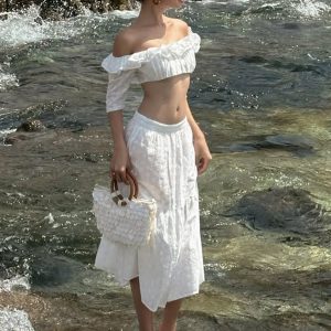 Ruffled One-Shoulder Top & Low-Waisted Jacquard Skirt Two-Piece Set for Women - Trendy Beach Look, Perfect for Summer Style