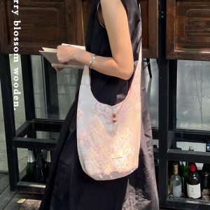 Sakura Wood Box Soft Canvas Bag - Double-Sided, Long Shoulder Strap, Chinese Style Crossbody Bag for Casual and Everyday Use