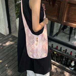 Sakura Wood Box Soft Canvas Bag - Double-Sided, Long Shoulder Strap, Chinese Style Crossbody Bag for Casual and Everyday Use