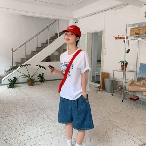 Seeubaby Handmade Korean Style Round Neck Short Sleeve T-Shirt - Age-Reducing Simple Letter Design