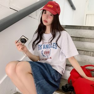 Seeubaby Handmade Korean Style Round Neck Short Sleeve T-Shirt - Age-Reducing Simple Letter Design