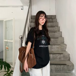 Seeubaby Handmade Korean Style Round Neck Short Sleeve T-Shirt - Age-Reducing Simple Letter Design