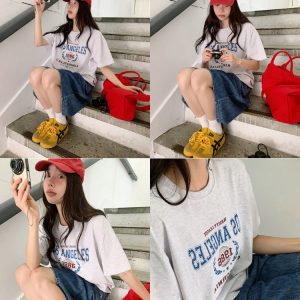 Seeubaby Handmade Korean Style Round Neck Short Sleeve T-Shirt - Age-Reducing Simple Letter Design