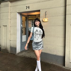 Sexy American Style Printed Shoulder-Baring Round Neck Top with Waist-Cinching Design & Low-Waisted Sequin Bodycon Mini Skirt Set for Summer