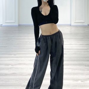 Sexy Black Short-Sleeve T-Shirt for Women with Tie Crossover - Perfect for Jazz Dancing, Y2K Style, Instagram Ready