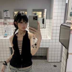 Sexy Deep V-Neck Hollow Sleeveless Tank Top for Women - American Style Slim-Fit Knitted Summer Top 2025