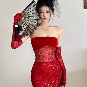 Sexy Glitter Hollow Out Strapless Dress for Women - Slim Fit Christmas Party Robe with Short Skirt and Unique Design