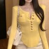 Sexy Half-Open Collar Long Sleeve T-Shirt with Unique Irregular Curved Hem - Trendy Short Top for Spring and Autumn Fashion