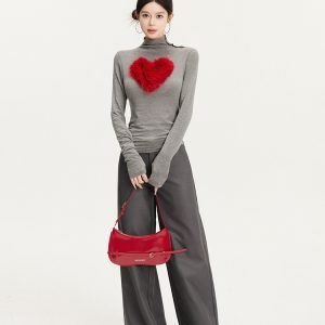 Sexy Heart Color-Blocking Long Sleeve Top for Autumn and Winter - Slim Fit Trendy Women's Fashion
