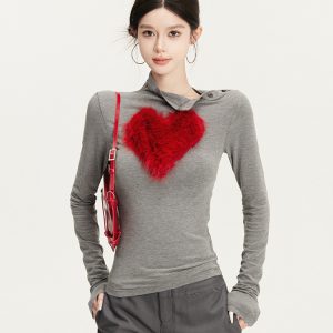 Sexy Heart Color-Blocking Long Sleeve Top for Autumn and Winter - Slim Fit Trendy Women's Fashion