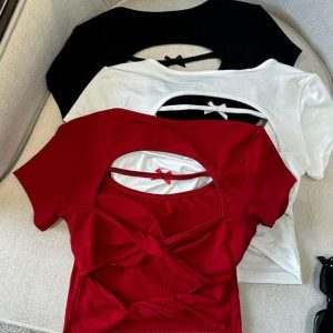 Sexy Hollow Back Short Sleeve T-Shirt for Women - Exquisite Fitted Modal Top, High-End Fashion, Trendy Style, Perfect for 90s and Y2K Looks