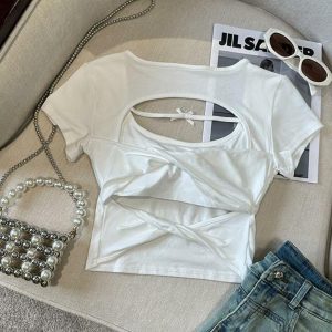 Sexy Hollow Back Short Sleeve T-Shirt for Women - Exquisite Fitted Modal Top, High-End Fashion, Trendy Style, Perfect for 90s and Y2K Looks