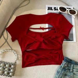 Sexy Hollow Back Short Sleeve T-Shirt for Women - Exquisite Fitted Modal Top, High-End Fashion, Trendy Style, Perfect for 90s and Y2K Looks
