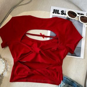 Sexy Hollow Back Short Sleeve T-Shirt for Women - Exquisite Fitted Modal Top, High-End Fashion, Trendy Style, Perfect for 90s and Y2K Looks