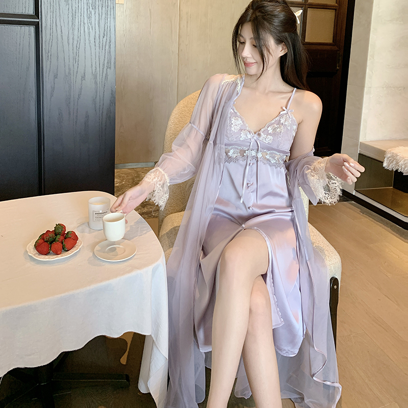 Sexy Ice Silk Pajamas for Women, Spaghetti Strap Nightgown with Chest Pads, Robe - Spring Autumn Homewear Dress