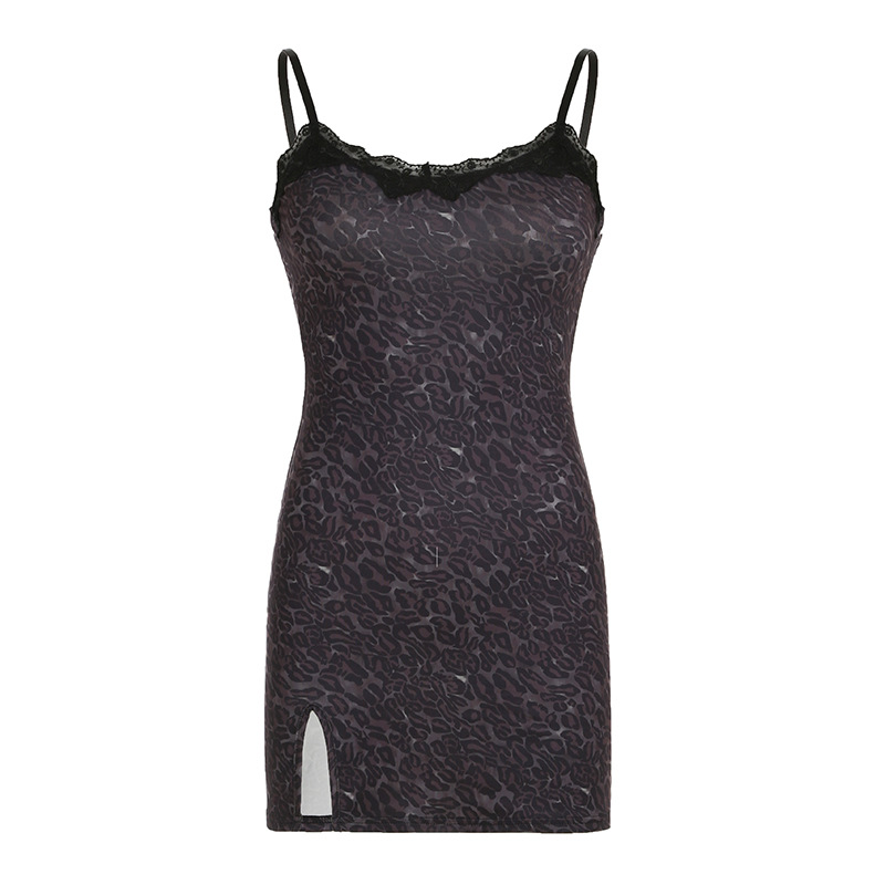 Sexy Lace Spliced Leopard Print Bodycon Dress - Backless, Low Neckline, Tight-Fitting Spaghetti Strap Mini Dress for Spring 2025