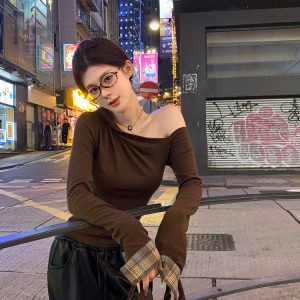 Sexy Off-Shoulder Irregular Plaid Patchwork Slim-Fit Long Sleeve Top for Women - Y2K Fashion Trend