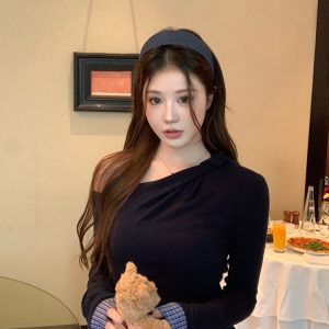 Sexy Off-Shoulder Irregular Plaid Patchwork Slim-Fit Long Sleeve Top for Women - Y2K Fashion Trend