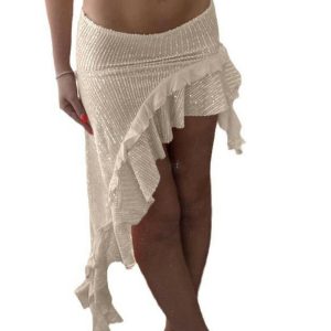Sexy Spring Summer Ruffled Mesh Skirt with Irregular Hem - Sequined Vacation Dress for Women - 90s Y2K Style