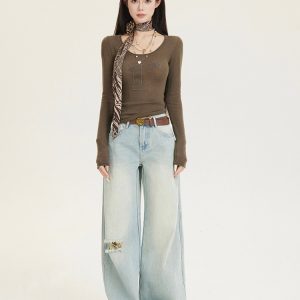 Sheer Knitted Base Layer Top for Women - Rivet Big Round Neck, Waist-Cinching Slim Fit, Long Sleeves - Y2K Fashion