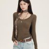 Sheer Knitted Base Layer Top for Women - Rivet Big Round Neck, Waist-Cinching Slim Fit, Long Sleeves - Y2K Fashion