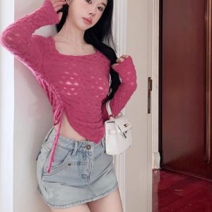 Sheer Lace Hollow-Out Base Shirt for Women, Unique Irregular Cut with Drawstring Details, Pure Desire Style, Y2K Fashion