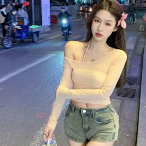 Sheer Long Sleeve Crop Top and Camisole Set - Women's Mesh Summer Cover-Up for Sweet and Spicy Style