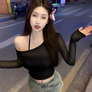 Sheer Long Sleeve Crop Top and Camisole Set - Women's Mesh Summer Cover-Up for Sweet and Spicy Style