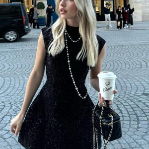 Shimmering Half-Turtleneck Backless Dress for Women - Slim High-Waisted Short Skirt, American Street Style, Y2K Fashion