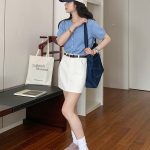 Short Sleeve Knitted Cardigan T-Shirt for Women - Summer Round Neck Loose Fit Elegant Versatile Half Sleeve Top