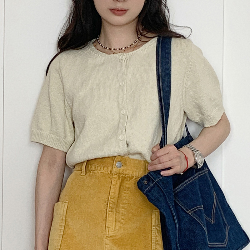 Short Sleeve Knitted Cardigan T-Shirt for Women - Summer Round Neck Loose Fit Elegant Versatile Half Sleeve Top
