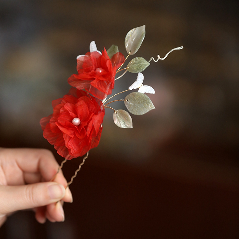 Silk Embossed Flower Hanfu Headdress U-Shaped Hairpin - Classical Ultra-Fairy Xiuhua Hair Accessory for Elegant Looks