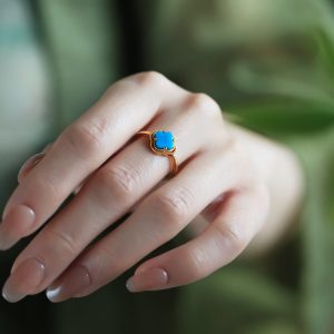 Silver Turquoise Gold-Plated Four-Leaf Clover Ring for Women, Chinese Style with Jade Inlay, Wealth and Prosperity Accessory